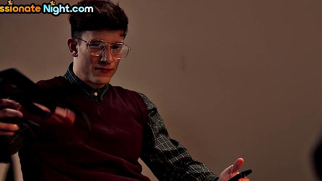 Strapon lesbian babes scissoring and licking while guy watches