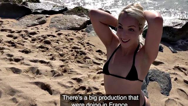 Small-breasted blonde gets pulled into POV sex on the beach