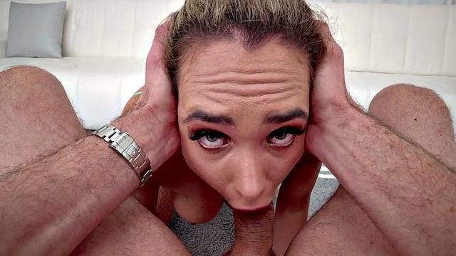 Big-titted nympho in stockings deepthroating POV BJ