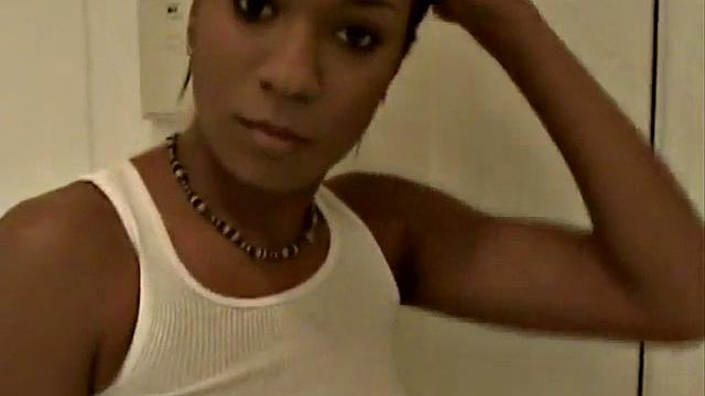 Shy ebony teen sucks white cock