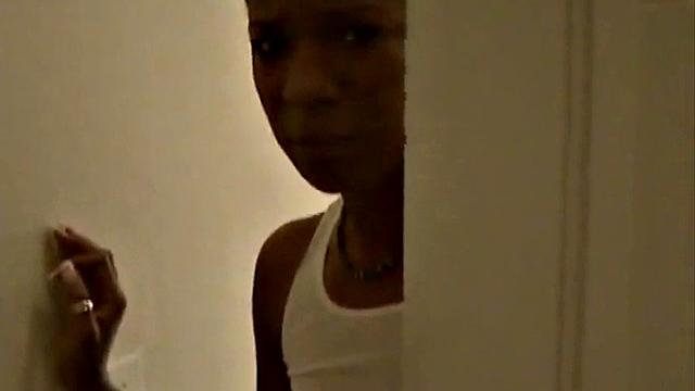 Shy ebony teen sucks white cock