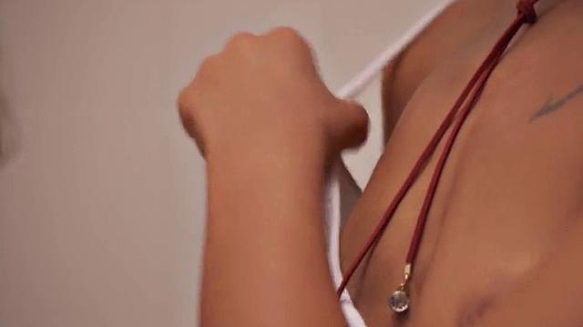 Petite ebony babe sucks and gets banged in hostel 3some