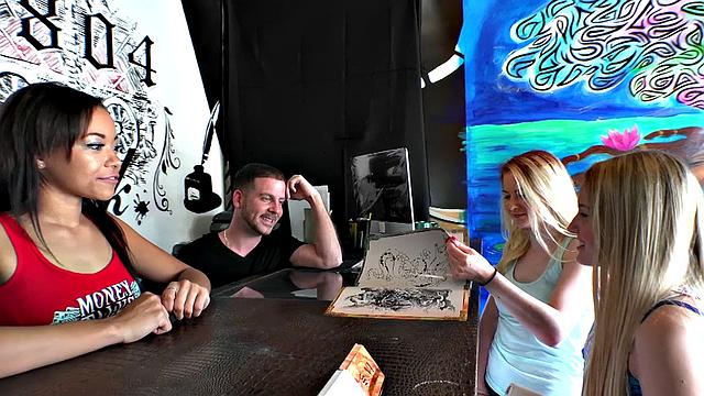 Brunette with tattoos fucks in public, getting her bald pussy pounded and taking a cumshot