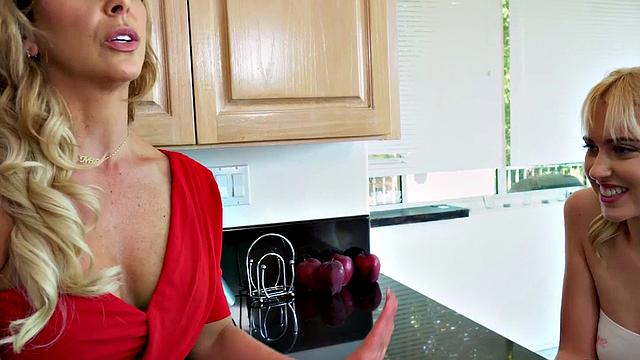 Curly-haired stepmom in a taboo threesome with stepsister in the kitchen