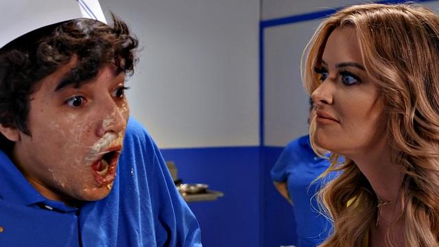 Busty milf rides short bf after fellatio in food couple