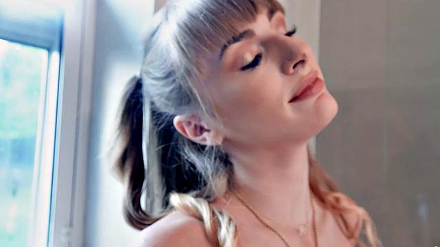 Naughty tattooed teen gets her bald pussy creamed by a big white cock in the shower