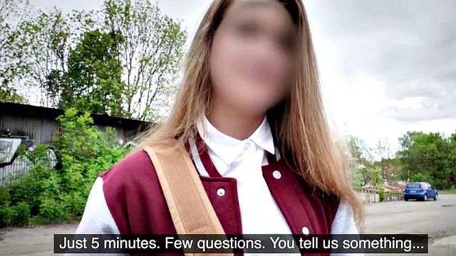 Slutty babe gets fucked in van by priest for money