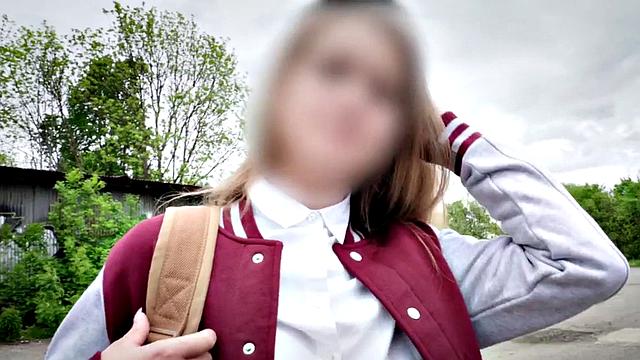 Slutty babe gets fucked in van by priest for money