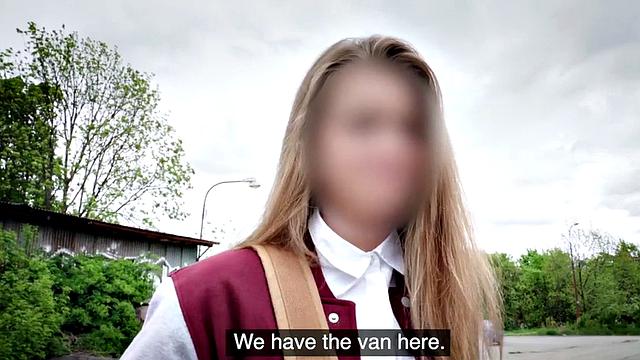 Slutty babe gets fucked in van by priest for money