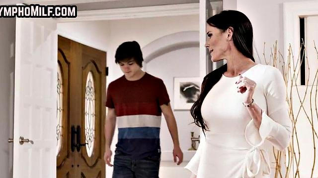 Skinny taboo MILF rides stepson's cock after blowjob