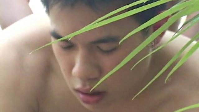 Walking through the jungle Toy is frightened by a noise and jumps onto Koe's arms. Koe squeezes that tight Toy ass and soon they are embracing and fondling by the water's edge. Clothes strip off and Toy goes down.