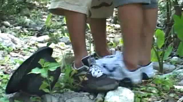 Walking through the jungle Toy is frightened by a noise and jumps onto Koe's arms. Koe squeezes that tight Toy ass and soon they are embracing and fondling by the water's edge. Clothes strip off and Toy goes down.