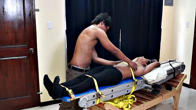 Willy is such a hot str8 Asian boy, so we tied him down to the tickling rack for gay Asian boy Hermis to have his way with. Hermis delicately takes his shoe and socks off and drives Willy buggy with foot tickling.