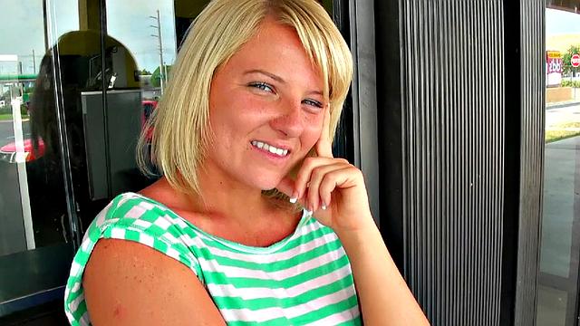 Blonde with tattoos & piercings gives a hot handjob and rides a hard cock in shorts