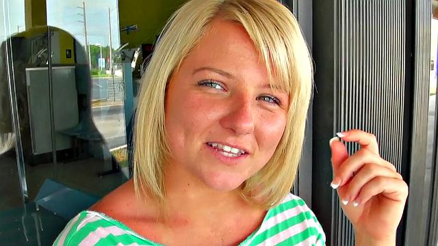 Blonde with tattoos & piercings gives a hot handjob and rides a hard cock in shorts