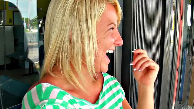 Blonde with tattoos & piercings gives a hot handjob and rides a hard cock in shorts