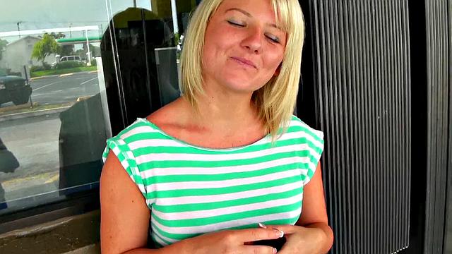 Blonde with tattoos & piercings gives a hot handjob and rides a hard cock in shorts