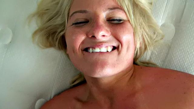 Blonde with tattoos & piercings gives a hot handjob and rides a hard cock in shorts