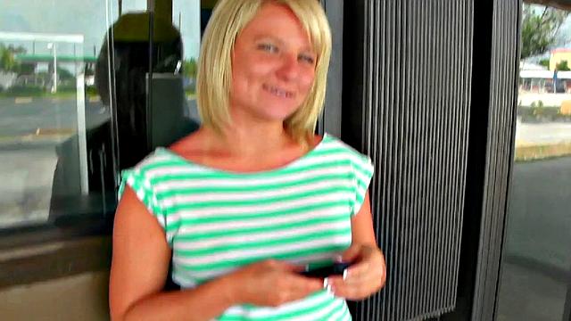 Blonde with tattoos & piercings gives a hot handjob and rides a hard cock in shorts