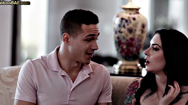 Cheating inked babe deepthroats and gets pussrammed in 3way