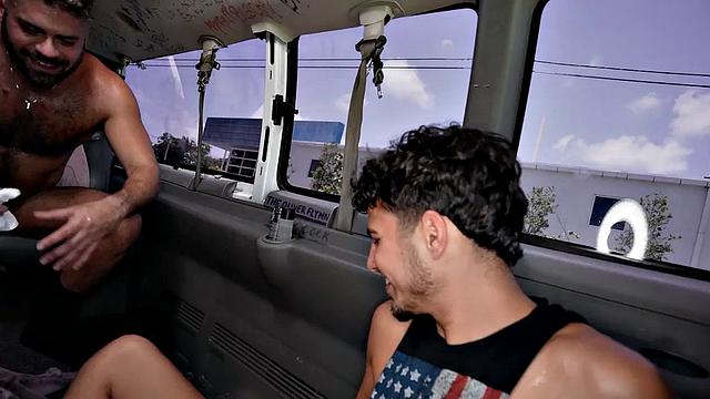 Pulled straight hunk fucks ass in public van outdoor