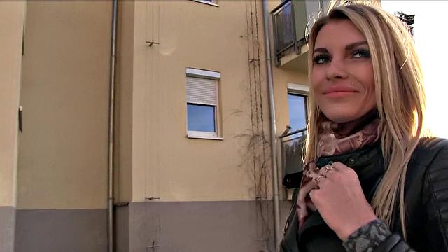 A blonde bombshell get paid for a steamy outdoor fuck fantasy