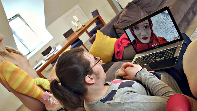 VIP4K. While man talks on a video call three ladies enjoy lesbian trio