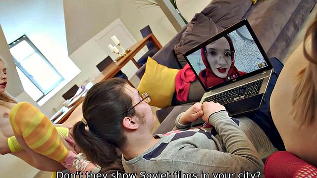 VIP4K. While man talks on a video call three ladies enjoy lesbian trio