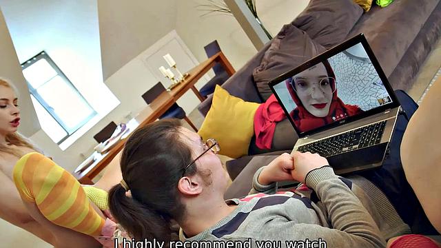 VIP4K. While man talks on a video call three ladies enjoy lesbian trio