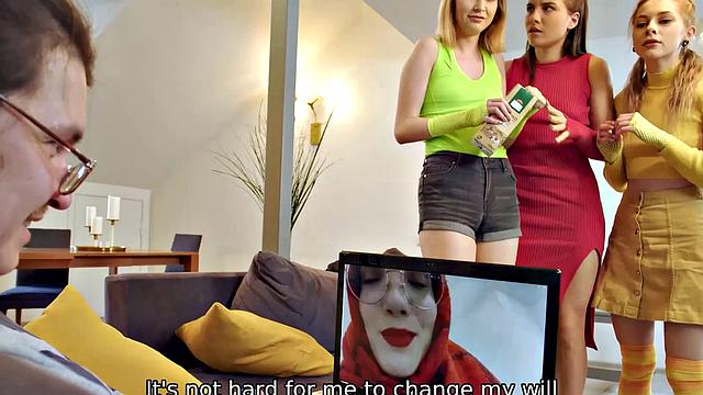 VIP4K. While man talks on a video call three ladies enjoy lesbian trio