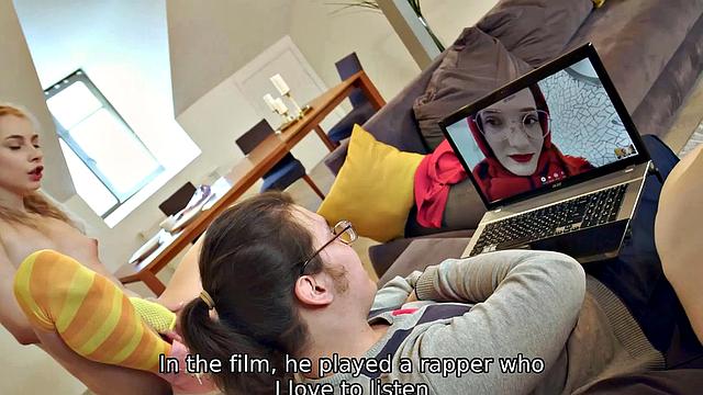 VIP4K. While man talks on a video call three ladies enjoy lesbian trio