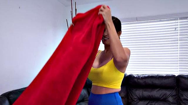 Boss fucks busty maid's pussy after casting in living room