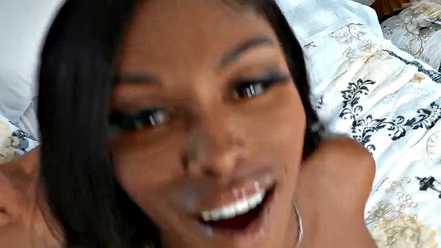 Big ass ebony babe sucks while getting pussy nailed in 3some