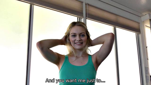 LOAN4K. Blonde cutie can't pay rent so she goes to the bank for a loan