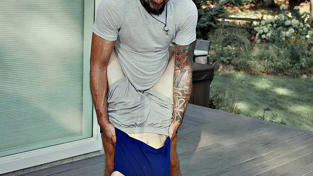 Tiny twink rides athletic inked hunk outdoors