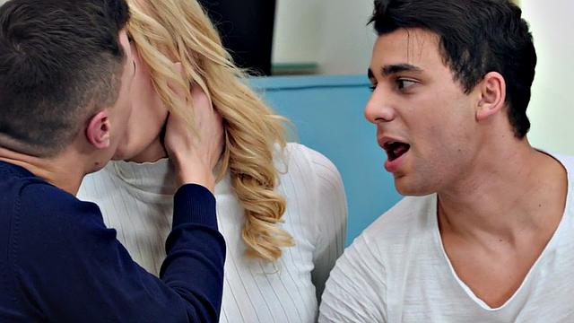 Bisexual anal dudes fuck 19yo gagging slut in threesome