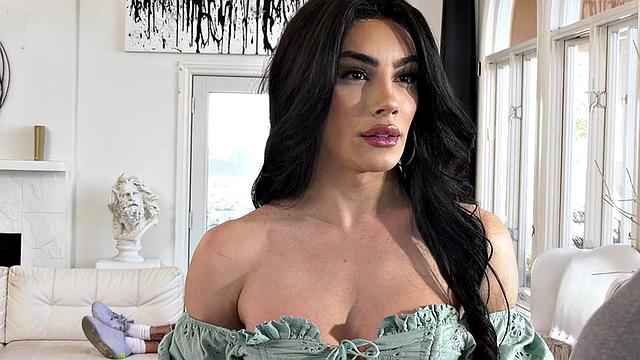 Transsexual drilled in threeway in tight anal hole