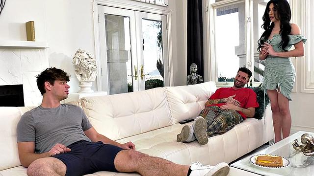 Transsexual drilled in threeway in tight anal hole