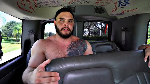 Massive straight jock fucks gay in public outdoor van