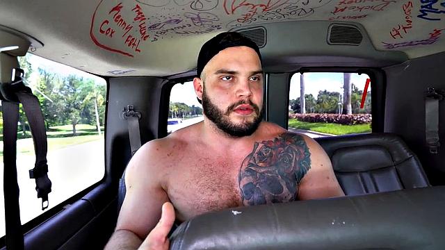 Massive straight jock fucks gay in public outdoor van