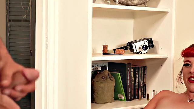 Redhead voyeur teases BF while he jerks off on her nude body