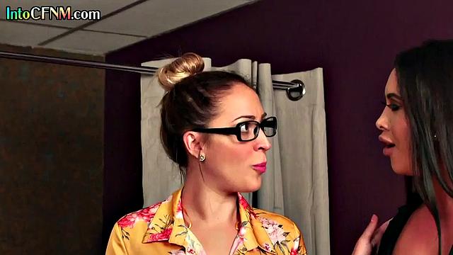 Beauty CFNM babes sucking BBC dude