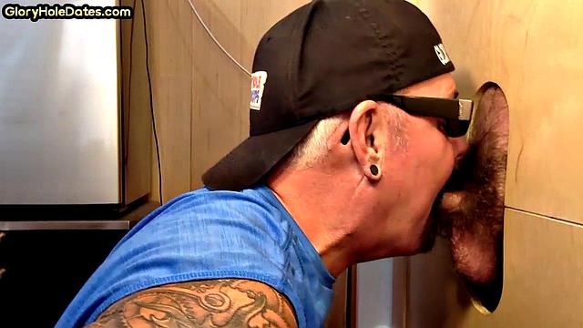 Gloryhole amateur passionately eats yummy hairy cock