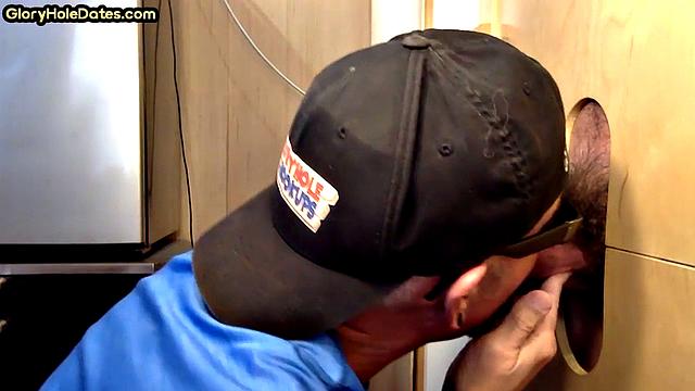 Gloryhole amateur passionately eats yummy hairy cock