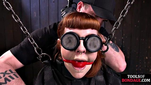 BDSM redhead slut cums hard from dildo stick by master