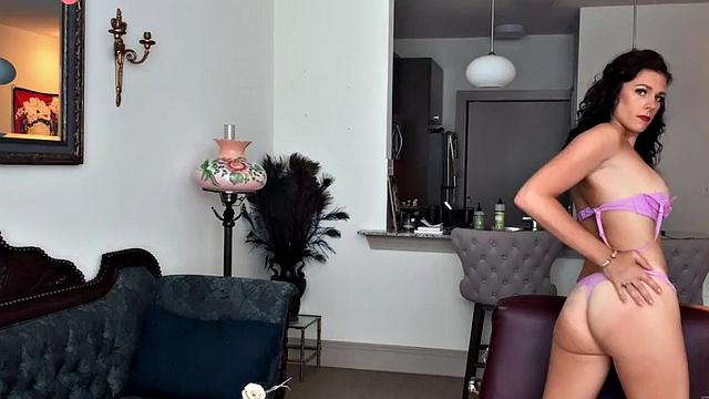 Busty lingerie trans tugging cock until cumming