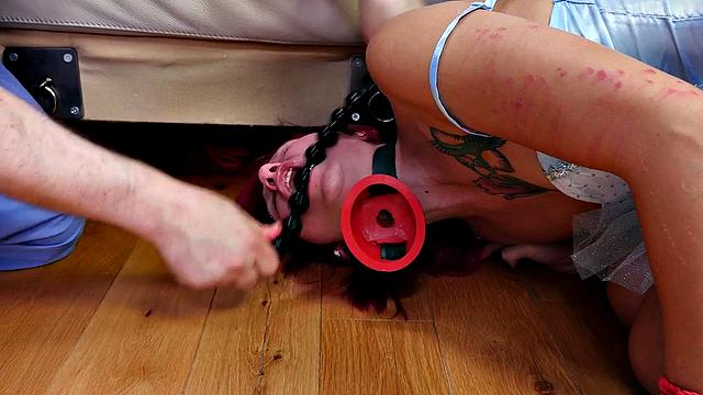 Kinky masked dominatrix punishes bound slut with rough anal and doggystyle sex