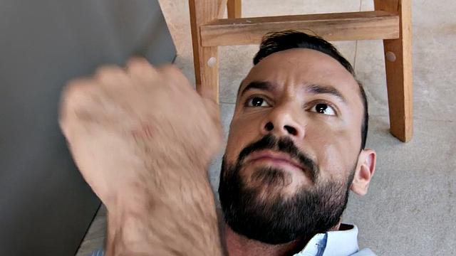 Tattooed plumber bareback fucks gay ass in the kitchen