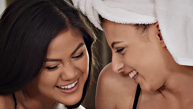 Asian lesbians in lingerie and thongs share a bedroom fun with pussy fingering and face sitting