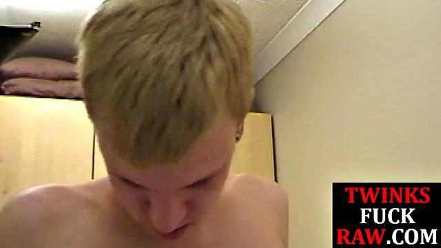 Blond twink barebacks bottom for facial after ass fingering
